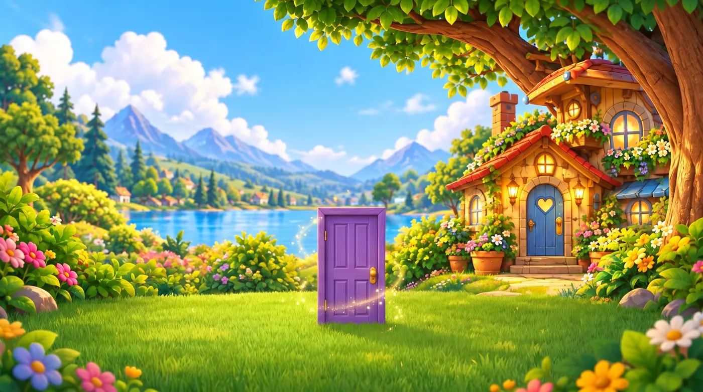 Kululu standing beside a tiny purple door in a sunny meadow