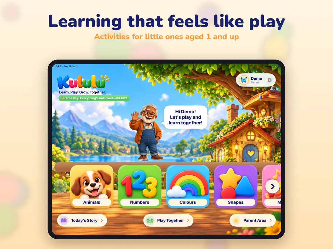 Kululu's home screen with activity tiles
